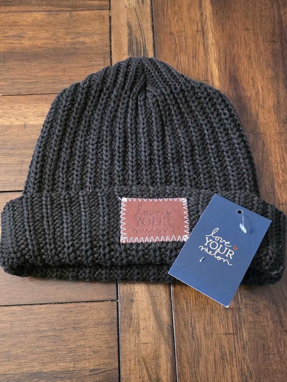 Love Your Melon Black Knit Cuffed Beanie with Leather Patch